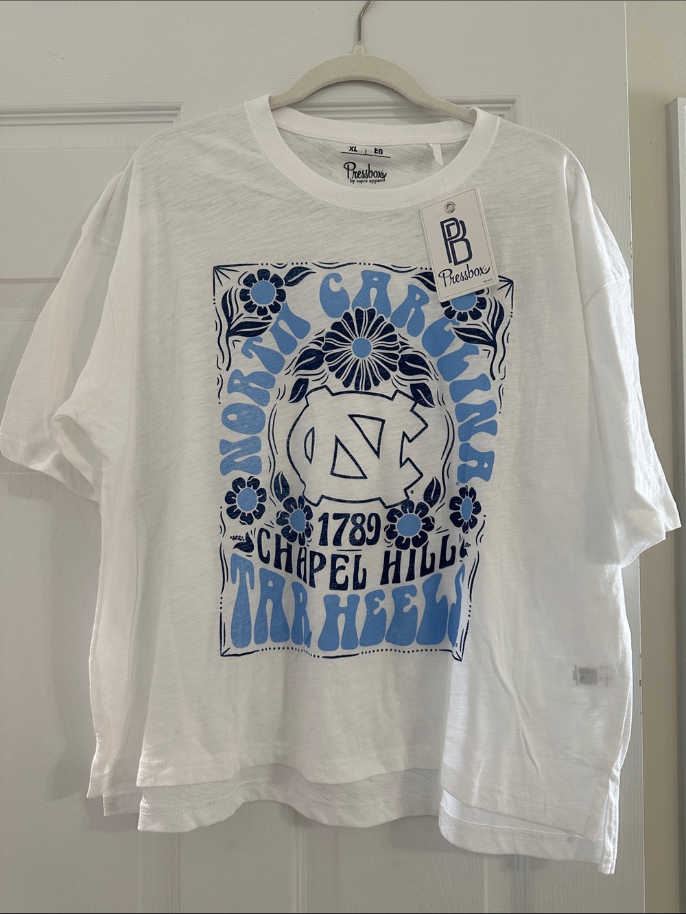 Pressbox White Tee with Blue Chapel Hill Graphic